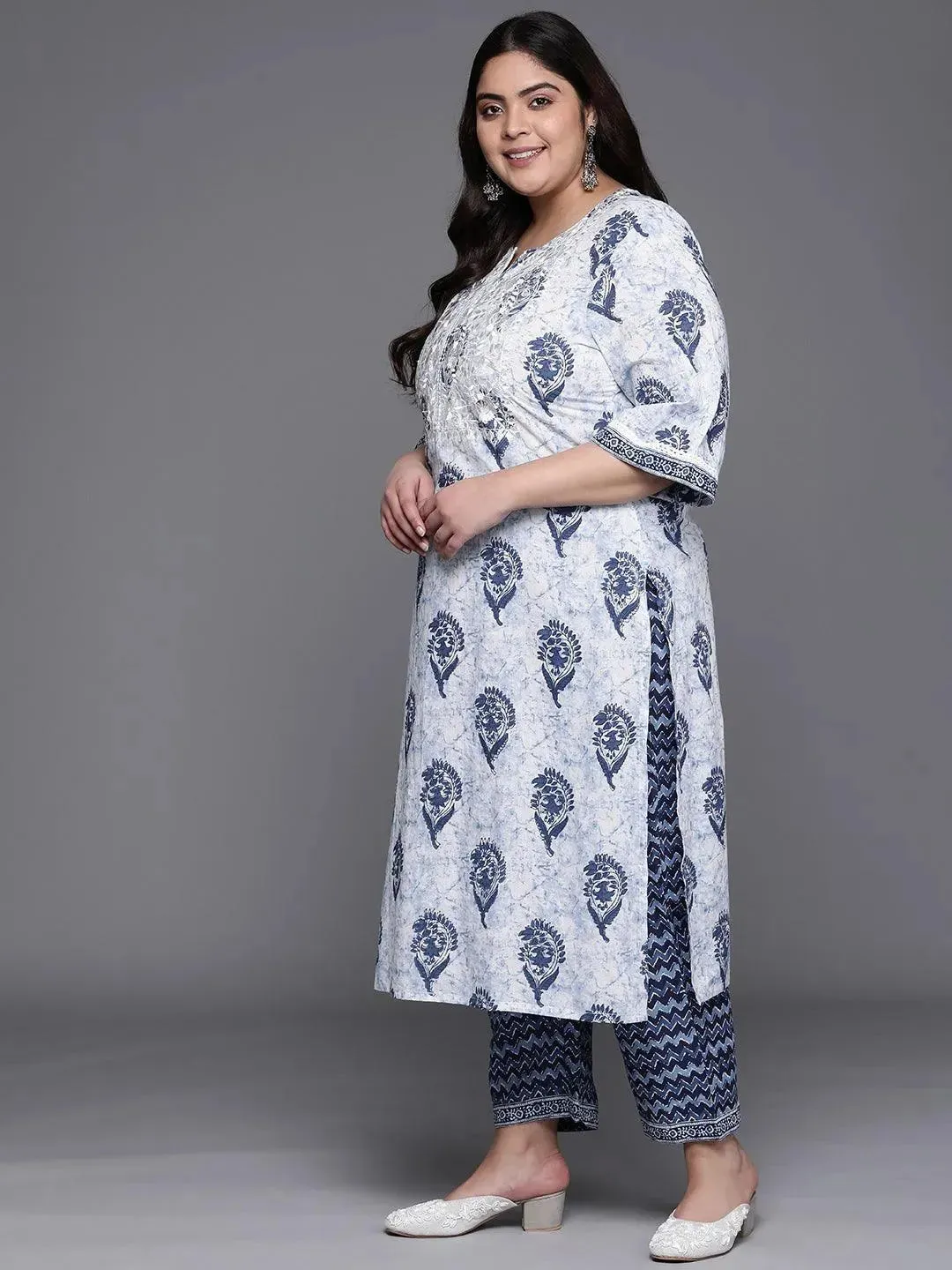 Plus Size Off-White Yoke Design Cotton Straight Kurta With Dupatta