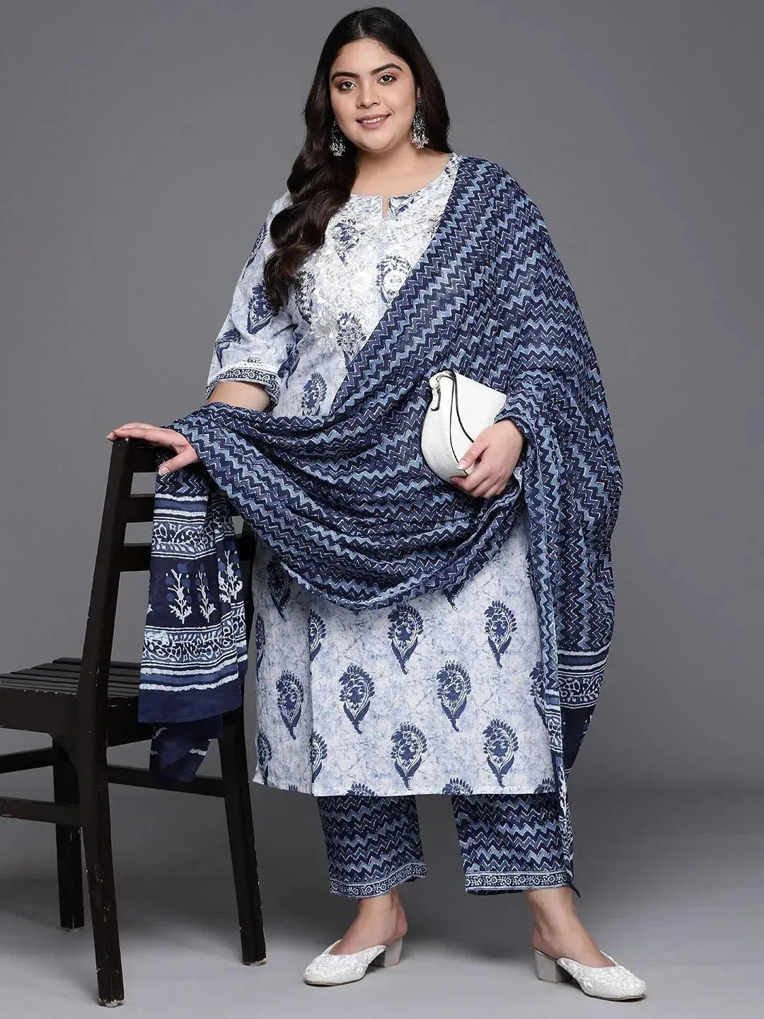 Plus Size Off-White Yoke Design Cotton Straight Kurta With Dupatta