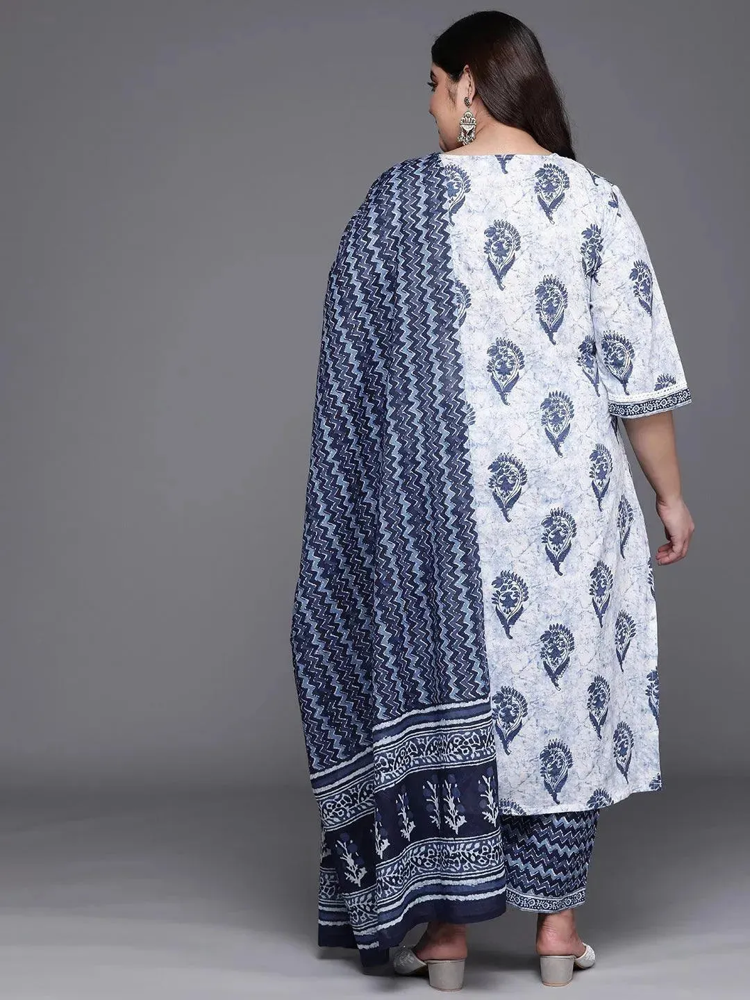 Plus Size Off-White Yoke Design Cotton Straight Kurta With Dupatta
