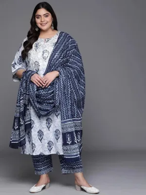 Plus Size Off-White Yoke Design Cotton Straight Kurta With Dupatta