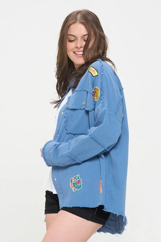 PLUS SIZE PATCHWORK FRAYED HEM BUTTON DOWN TOP