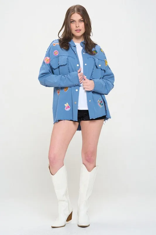 PLUS SIZE PATCHWORK FRAYED HEM BUTTON DOWN TOP