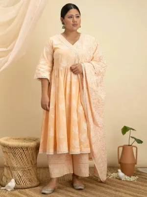 Plus Size Peach Printed Cotton Anarkali Kurta With Palazzos & Dupatta