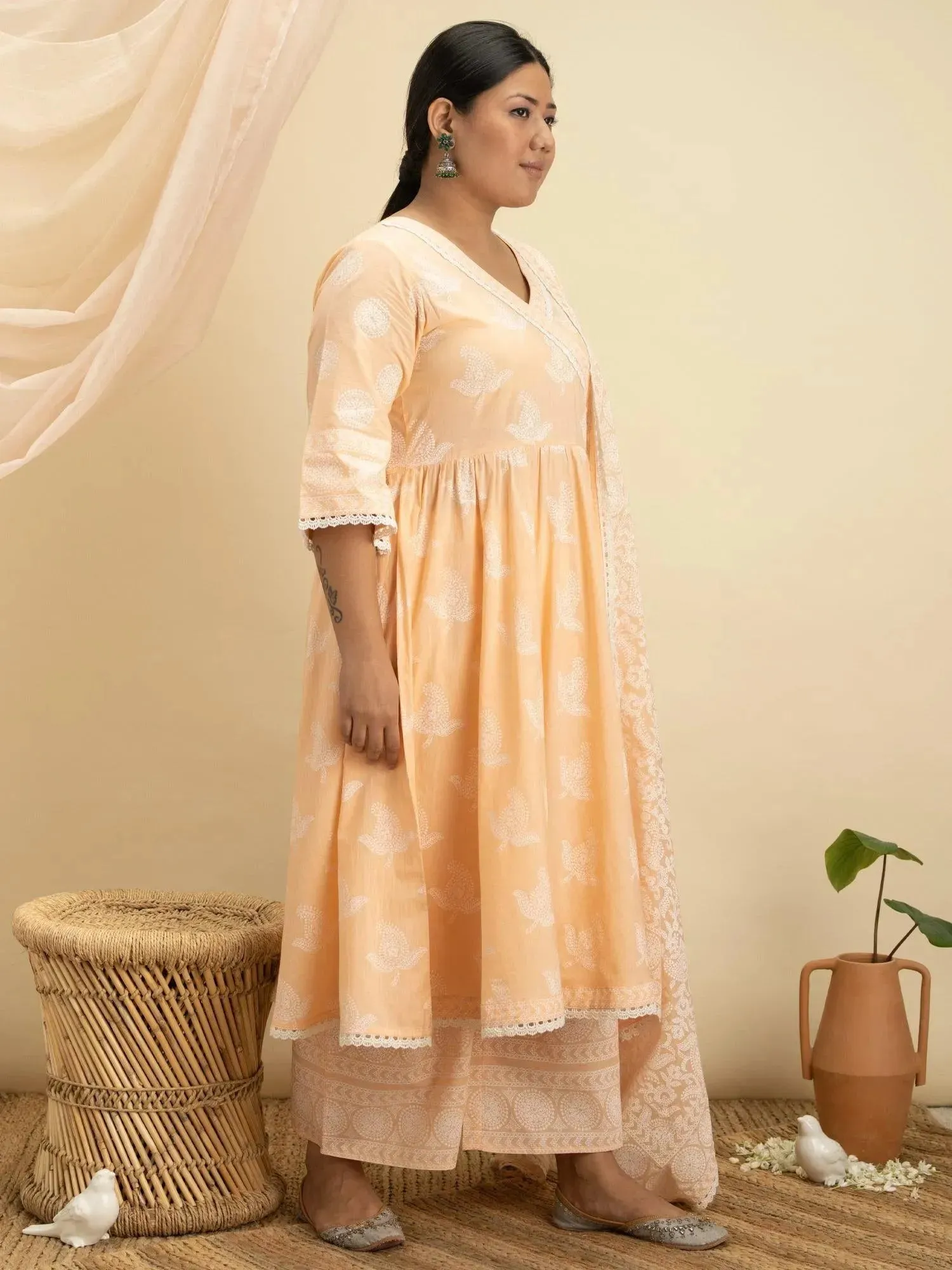 Plus Size Peach Printed Cotton Anarkali Kurta With Palazzos & Dupatta