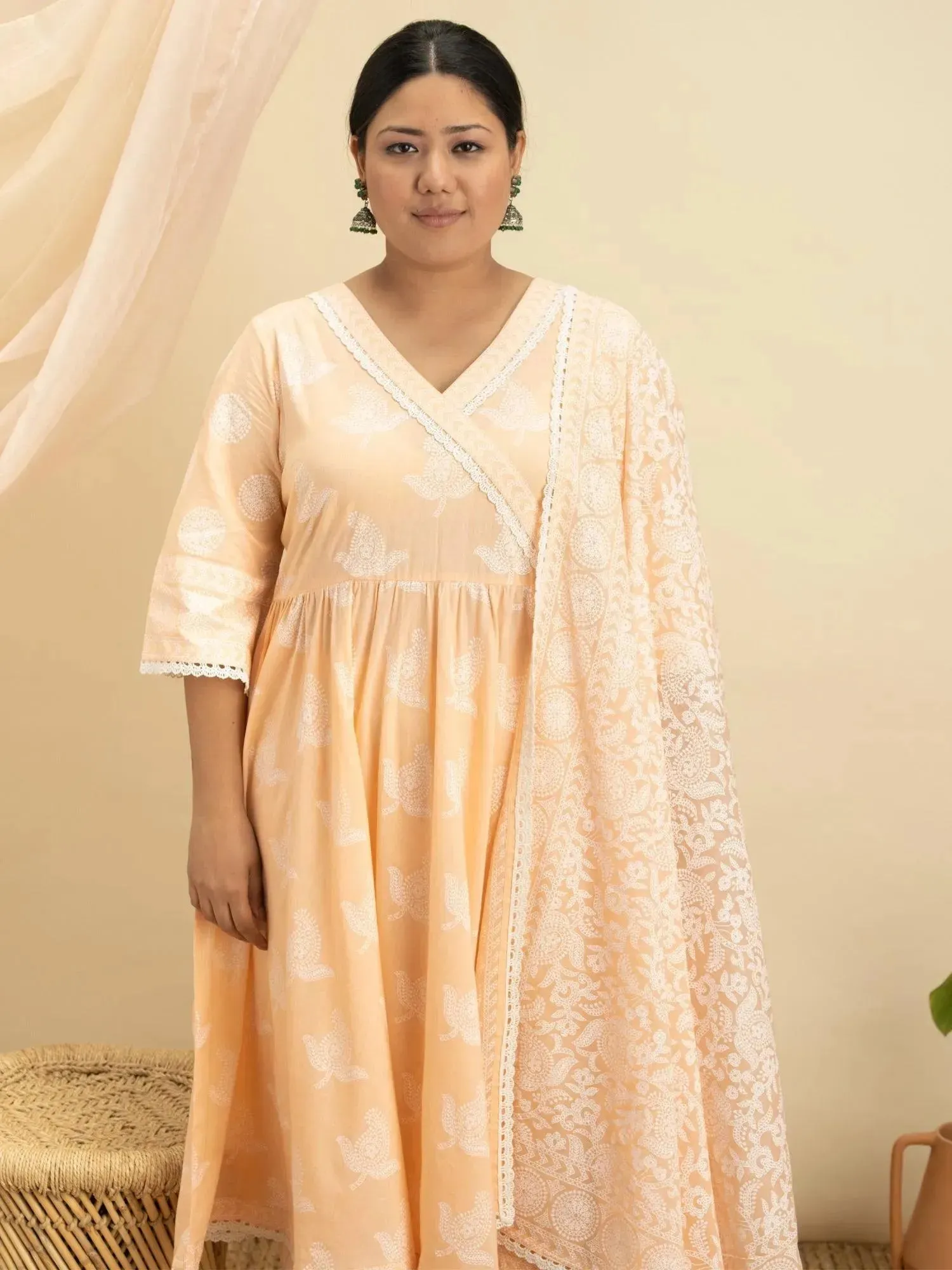 Plus Size Peach Printed Cotton Anarkali Kurta With Palazzos & Dupatta