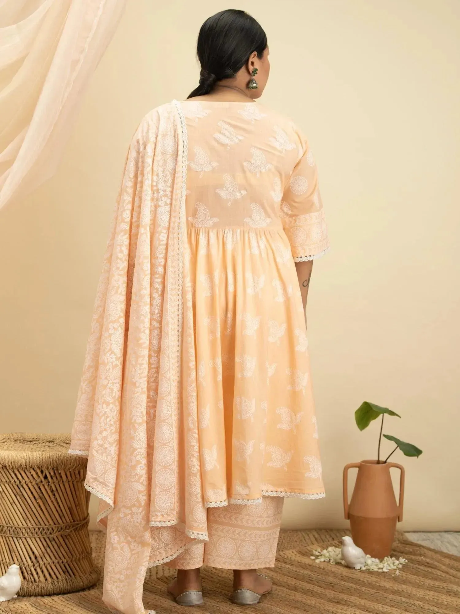 Plus Size Peach Printed Cotton Anarkali Kurta With Palazzos & Dupatta