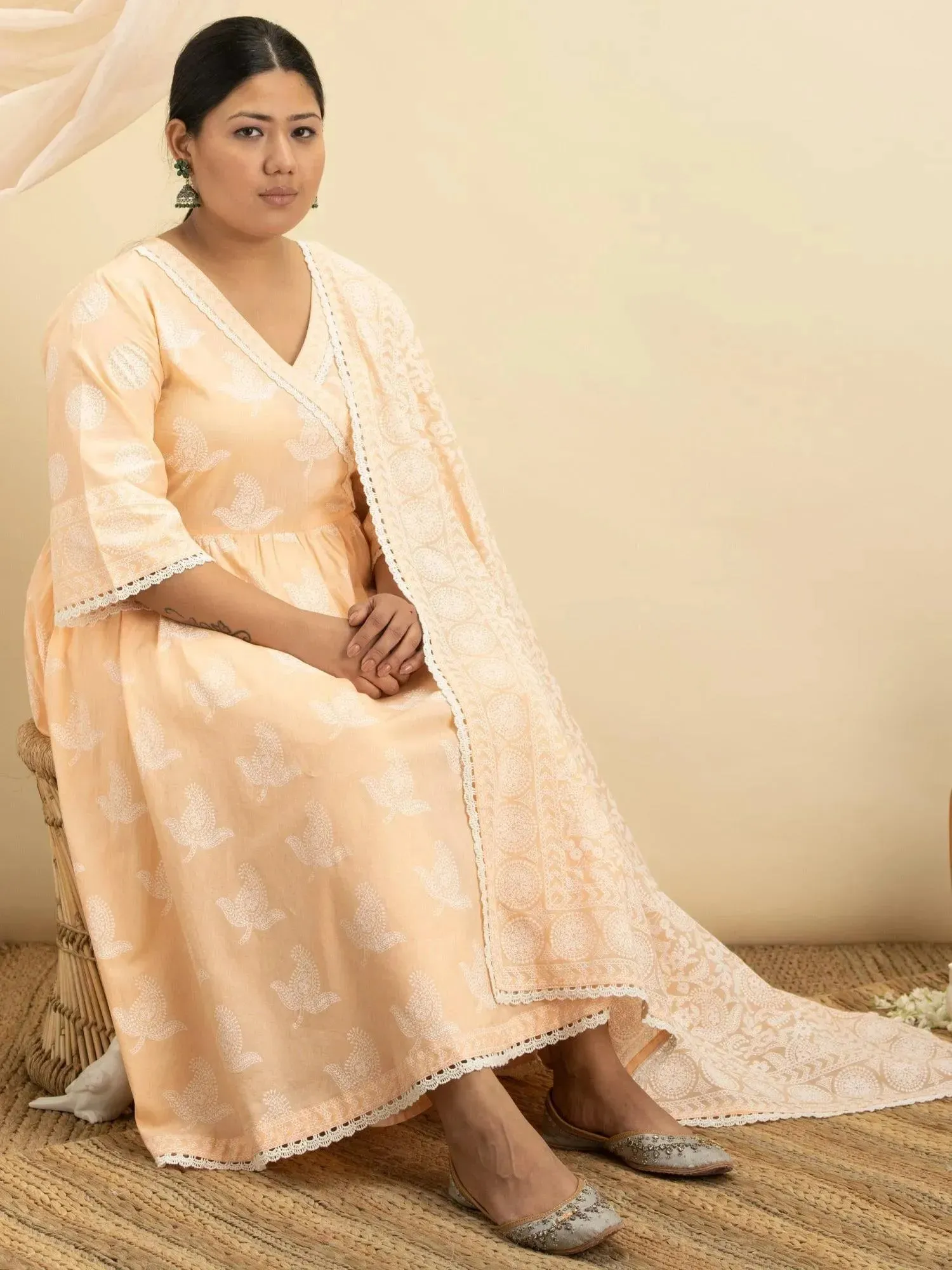 Plus Size Peach Printed Cotton Anarkali Kurta With Palazzos & Dupatta