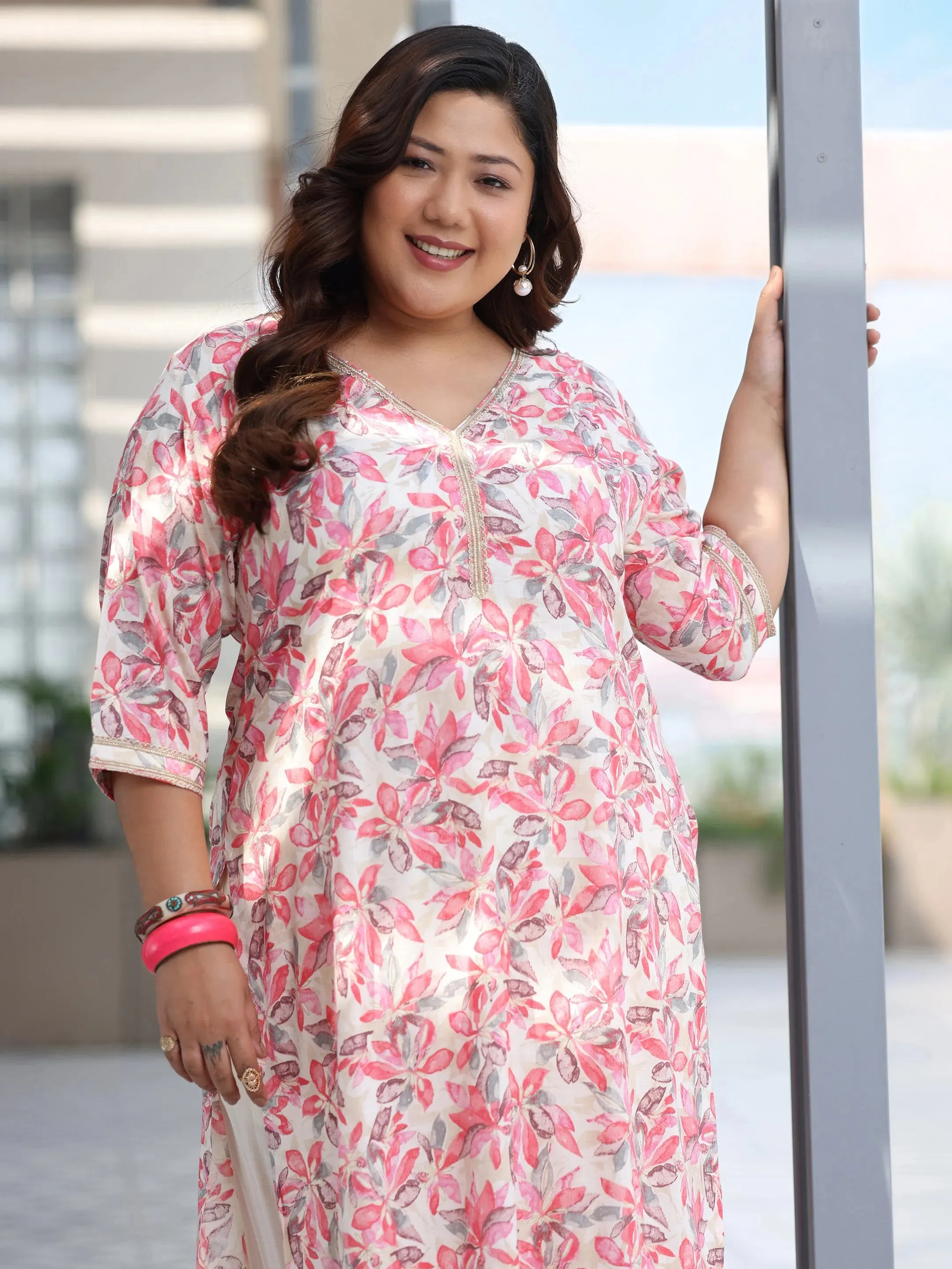 Plus Size Pink Printed Cotton Blend Straight Suit With Dupatta