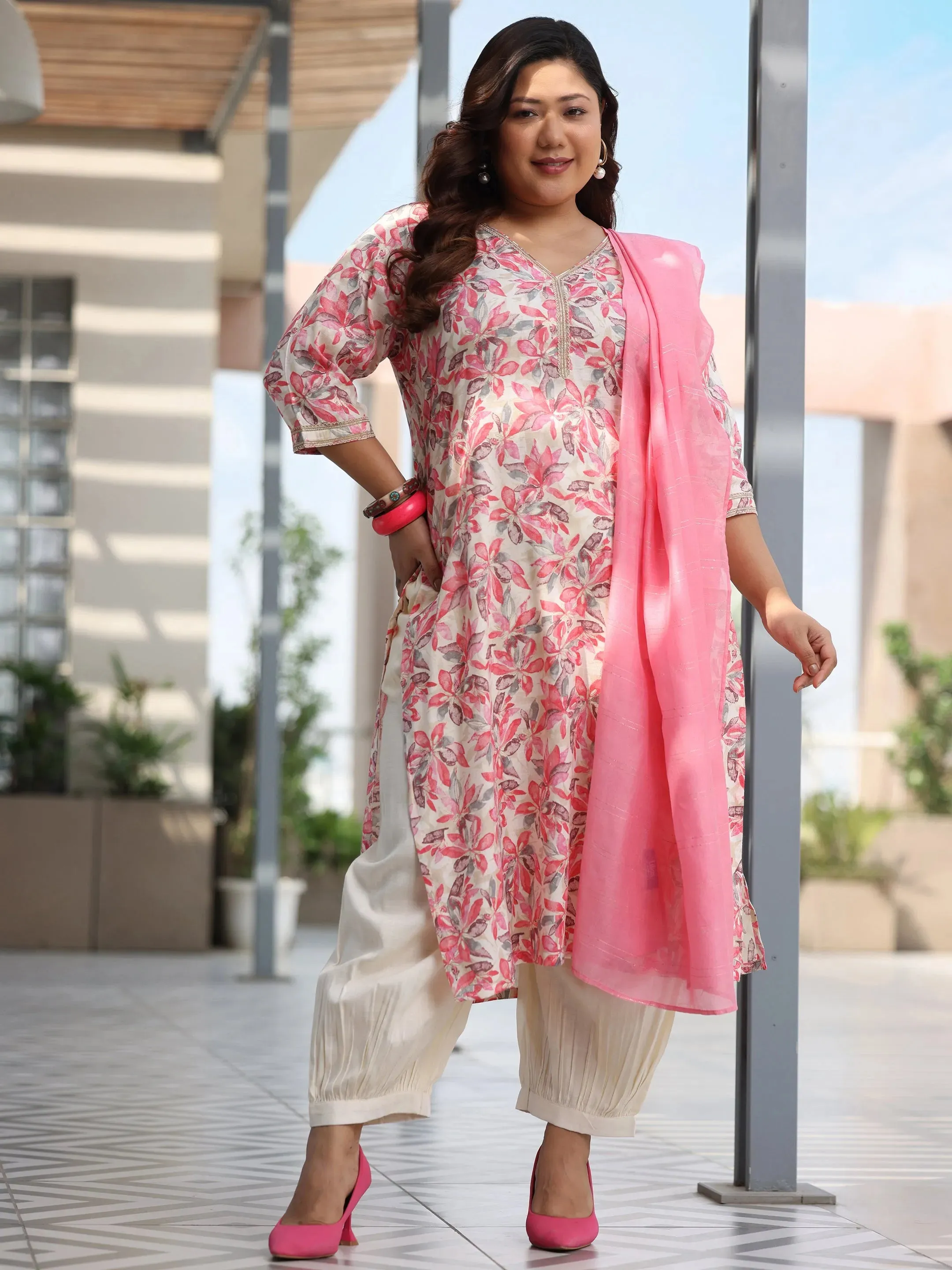 Plus Size Pink Printed Cotton Blend Straight Suit With Dupatta
