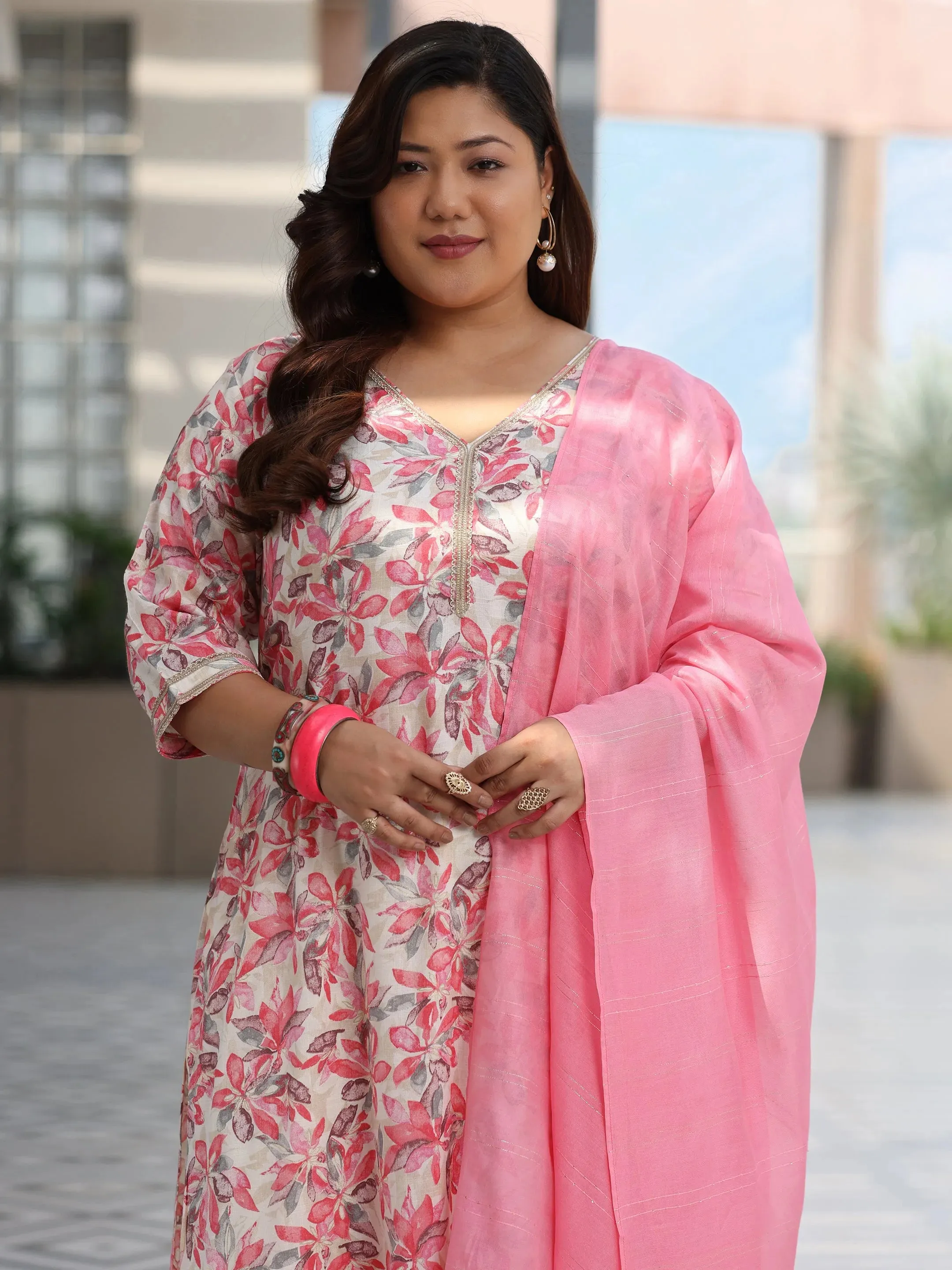 Plus Size Pink Printed Cotton Blend Straight Suit With Dupatta