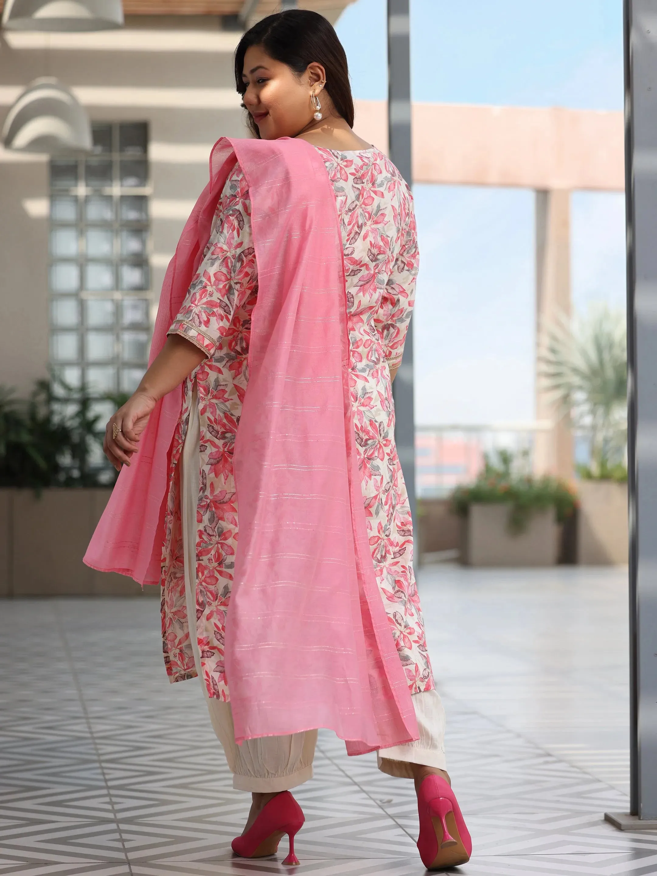 Plus Size Pink Printed Cotton Blend Straight Suit With Dupatta