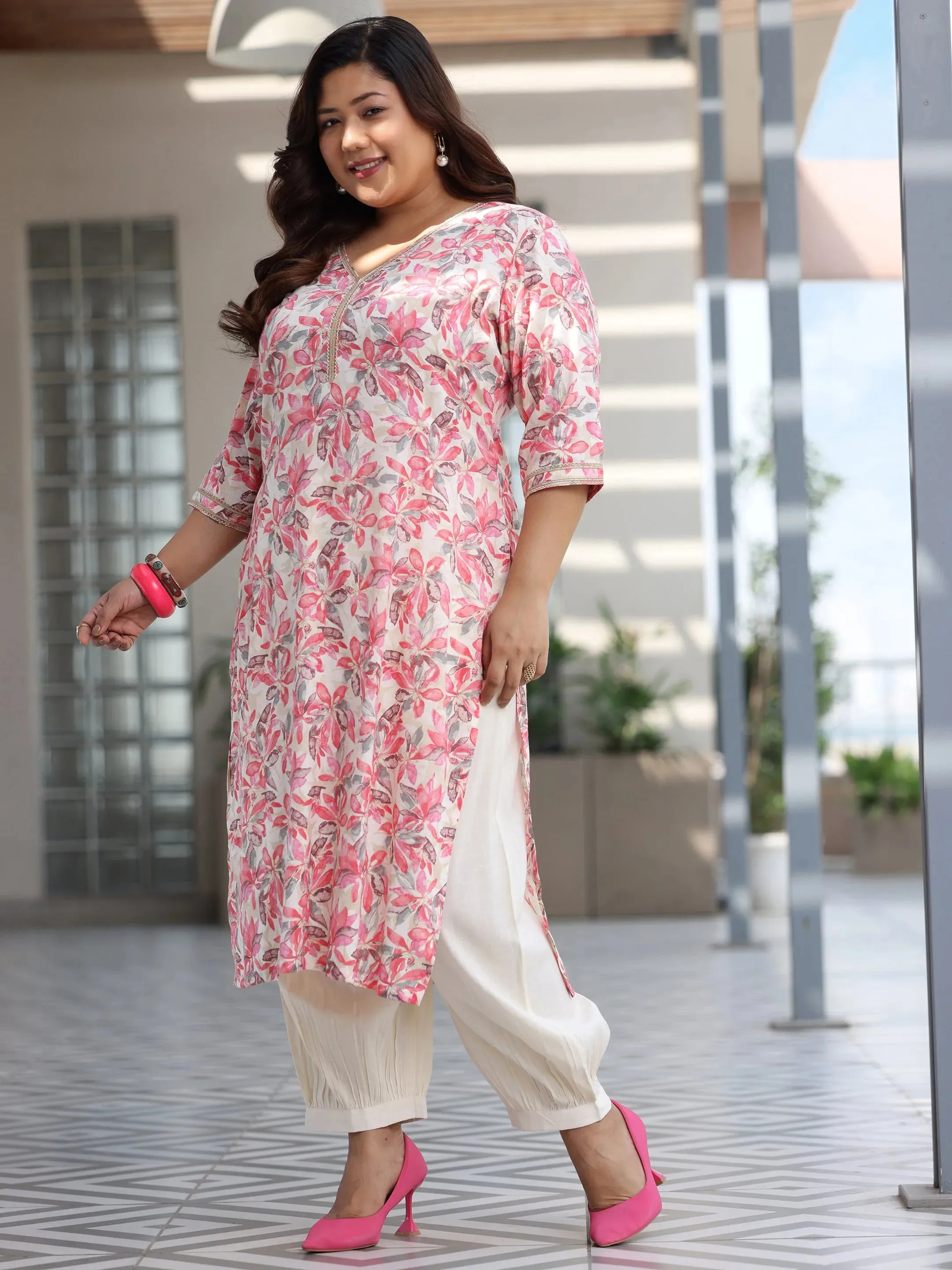 Plus Size Pink Printed Cotton Blend Straight Suit With Dupatta