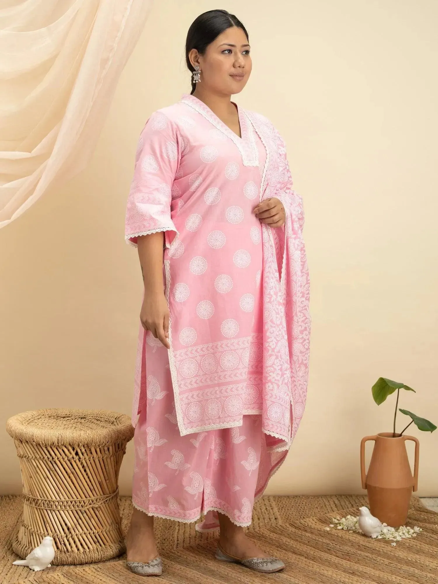Plus Size Pink Printed Cotton Straight Kurta With Sharara & Dupatta