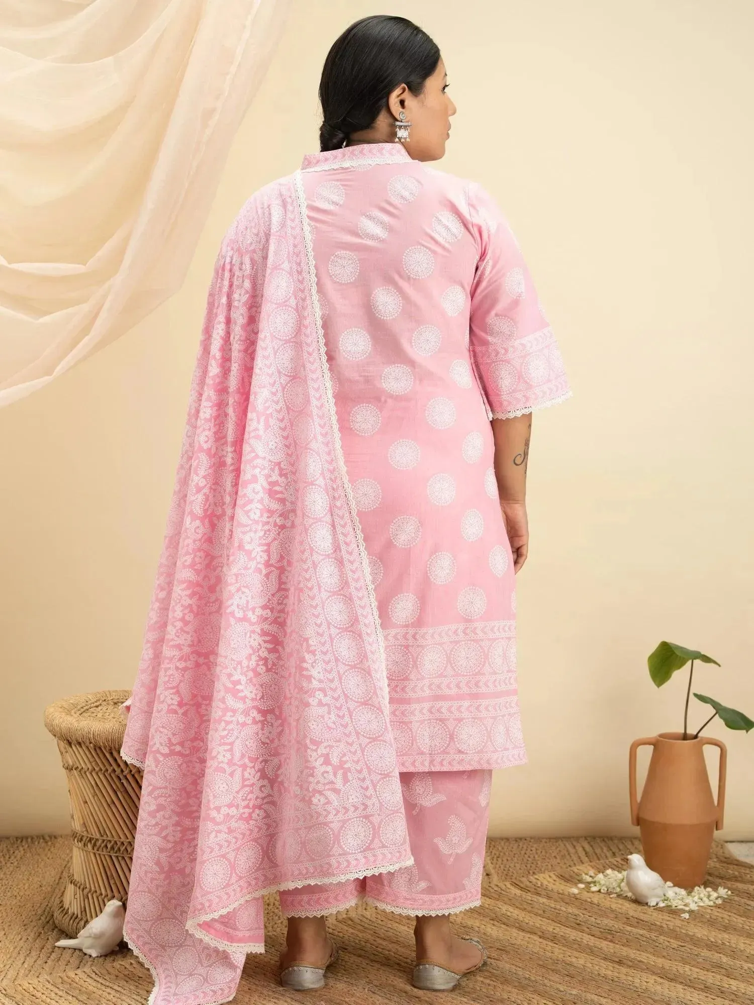 Plus Size Pink Printed Cotton Straight Kurta With Sharara & Dupatta