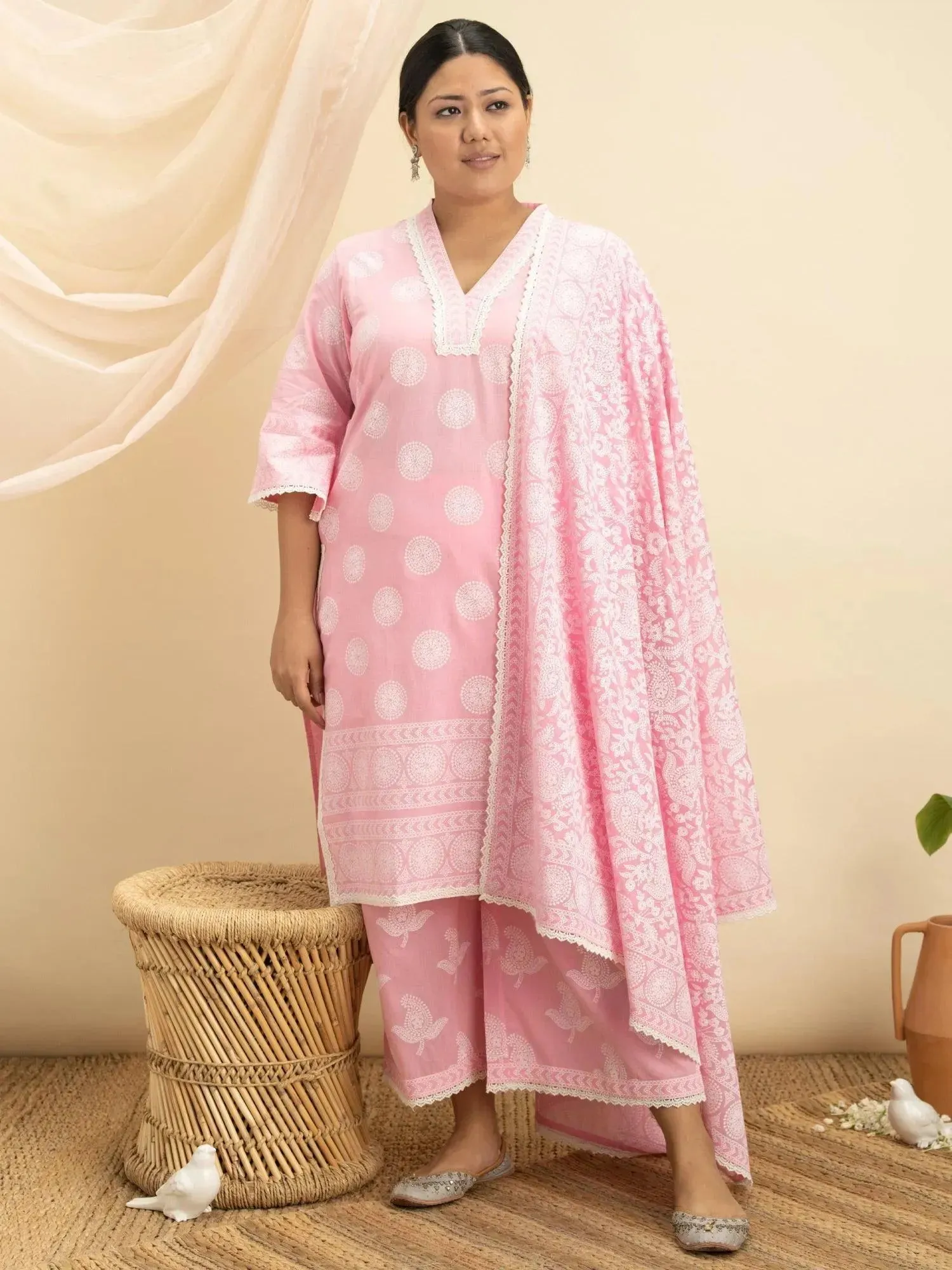 Plus Size Pink Printed Cotton Straight Kurta With Sharara & Dupatta