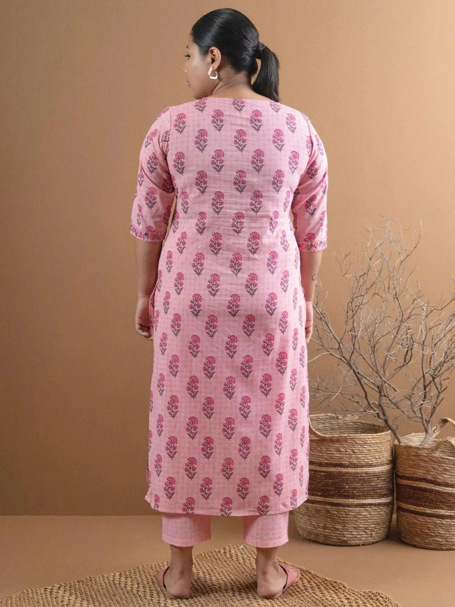 Plus Size Pink Printed Cotton Straight Kurta With Trousers