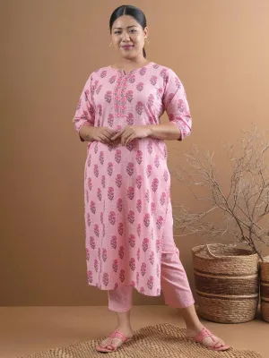 Plus Size Pink Printed Cotton Straight Kurta With Trousers