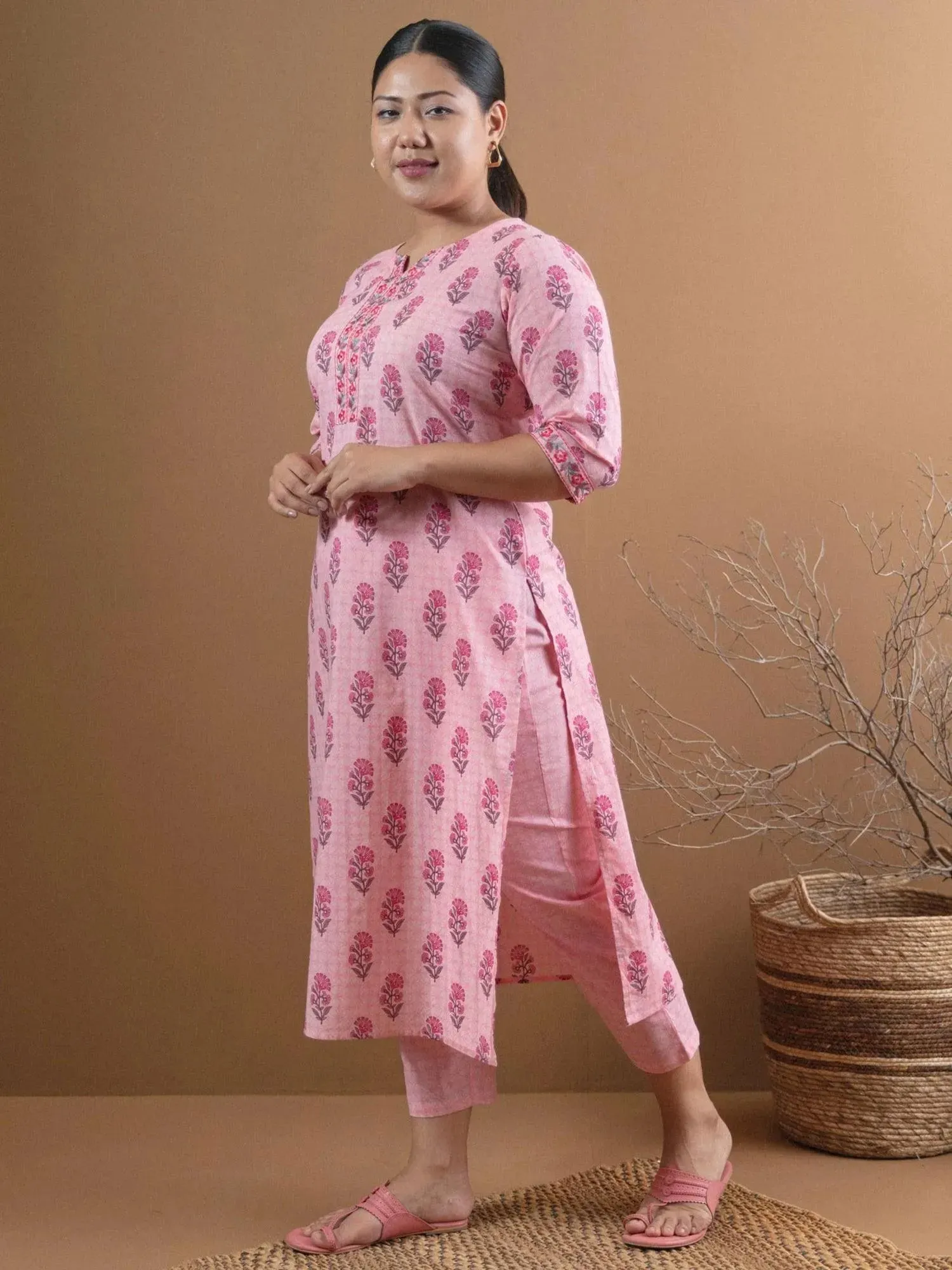 Plus Size Pink Printed Cotton Straight Kurta With Trousers