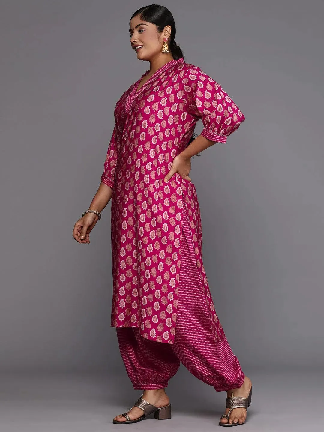Plus Size Pink Printed Silk Blend Straight Kurta Set