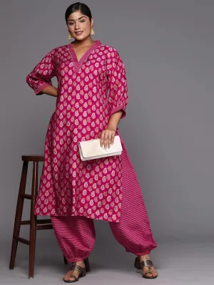 Plus Size Pink Printed Silk Blend Straight Kurta Set