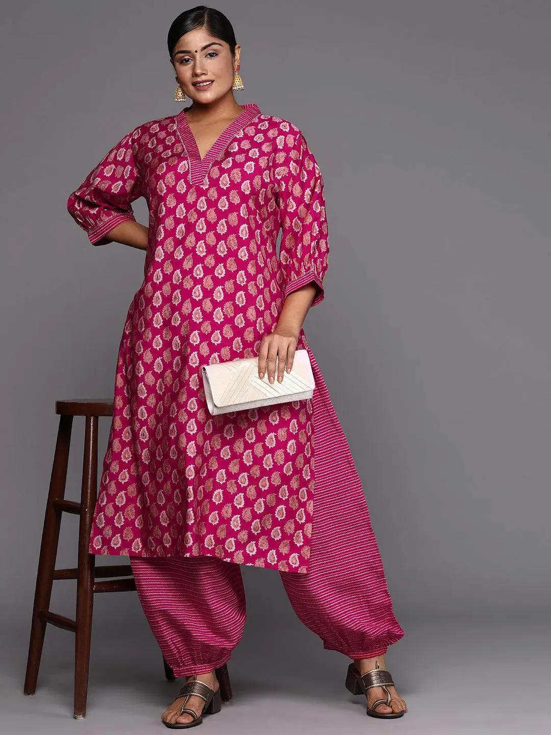 Plus Size Pink Printed Silk Blend Straight Kurta Set