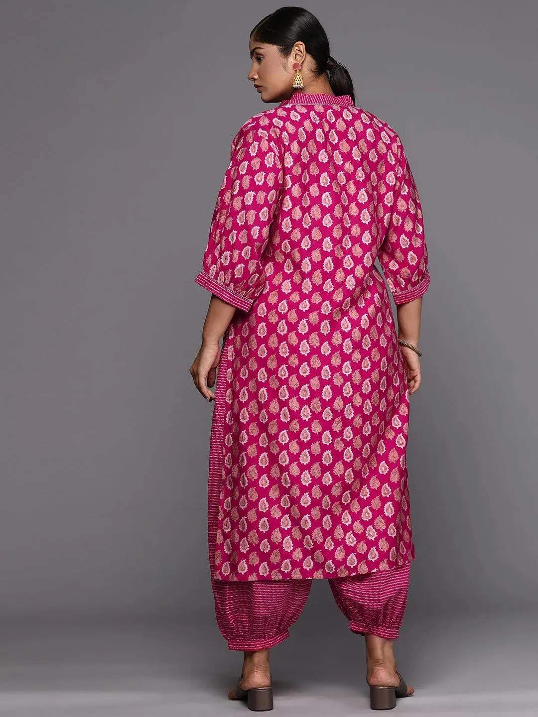 Plus Size Pink Printed Silk Blend Straight Kurta Set