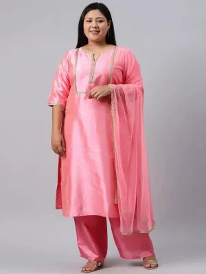 Plus Size Pink Woven Design Art Silk Straight Kurta With Palazzos & Dupatta