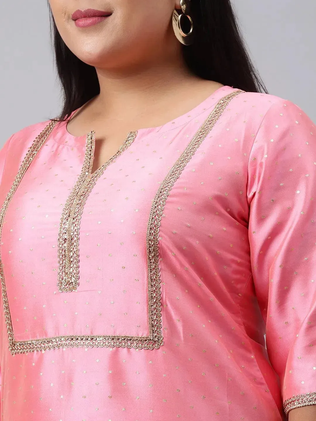 Plus Size Pink Woven Design Art Silk Straight Kurta With Palazzos & Dupatta
