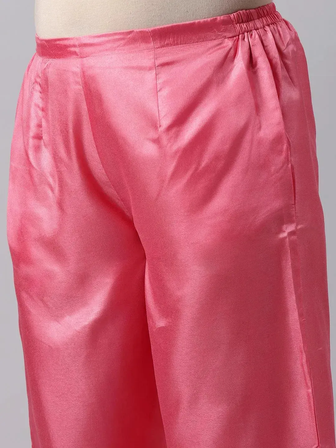 Plus Size Pink Woven Design Art Silk Straight Kurta With Palazzos & Dupatta