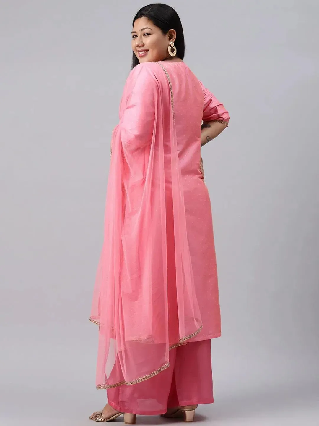 Plus Size Pink Woven Design Art Silk Straight Kurta With Palazzos & Dupatta