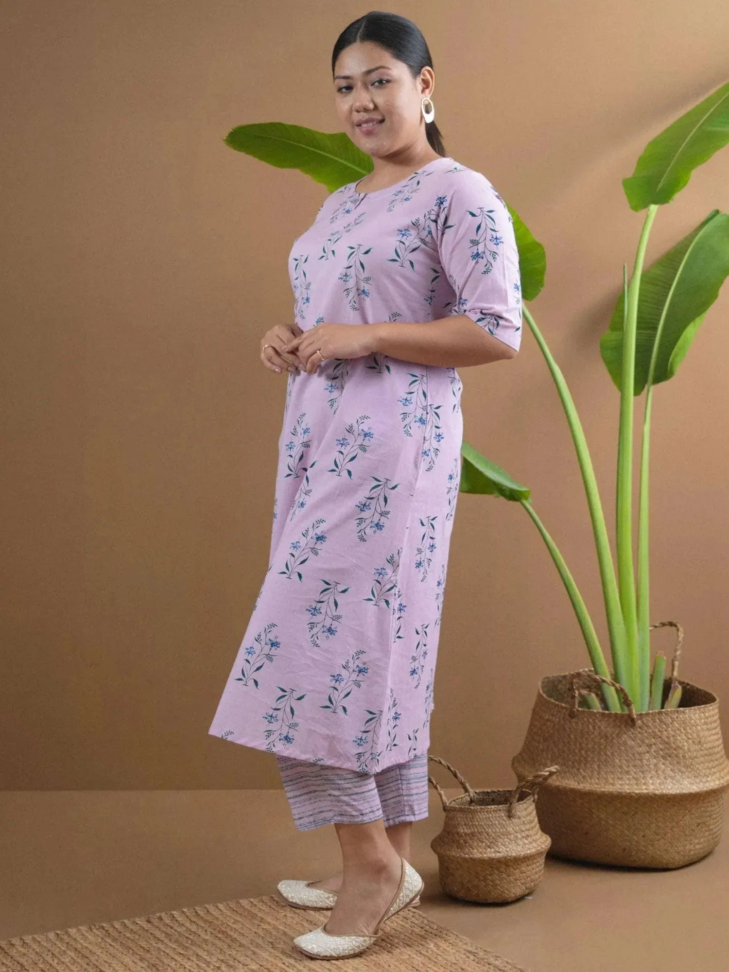 Plus Size Purple Printed Cotton A-Line Kurta With Trousers