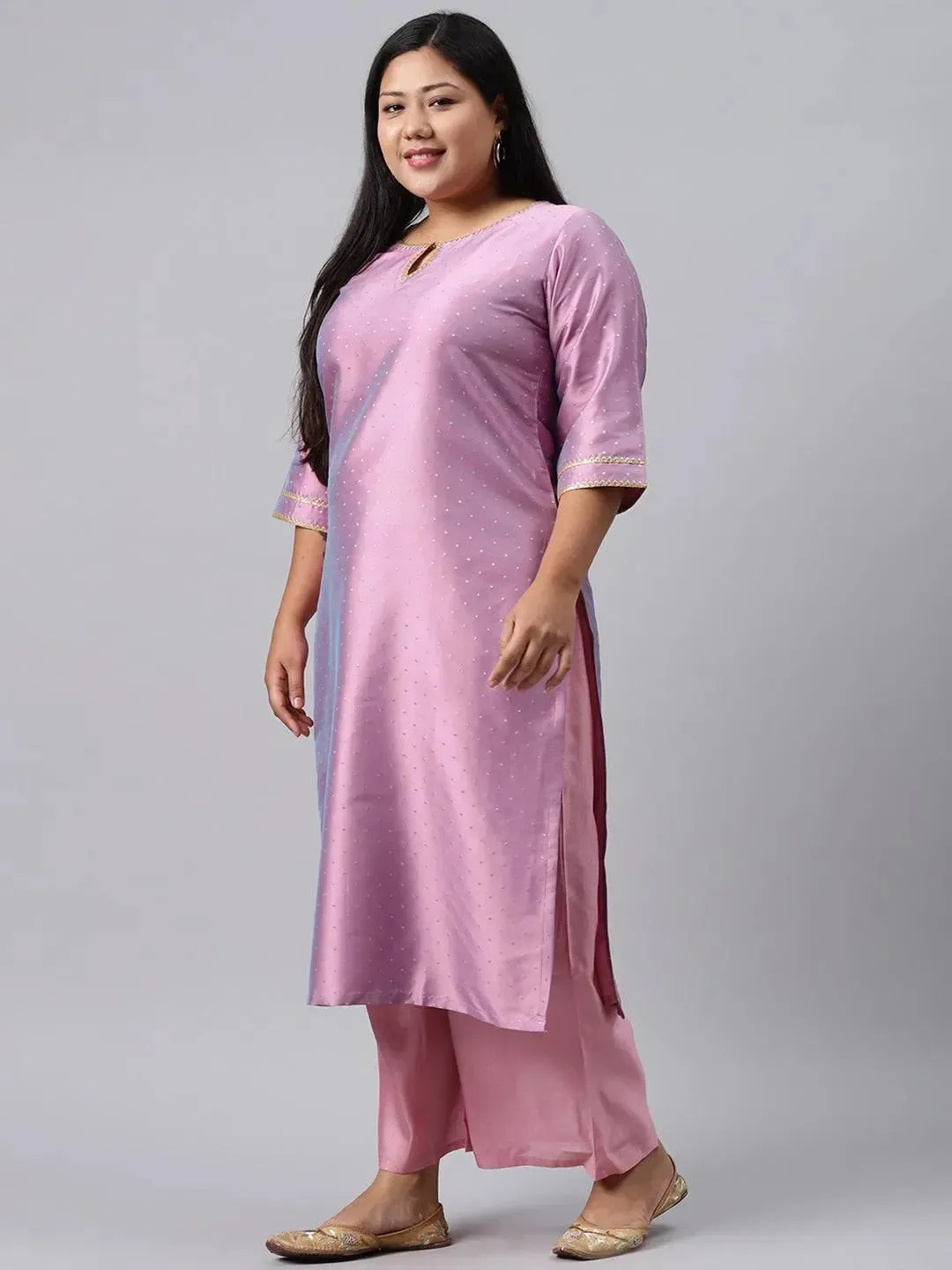 Plus Size Purple Woven Design Art Silk Straight Kurta With Palazzos & Dupatta