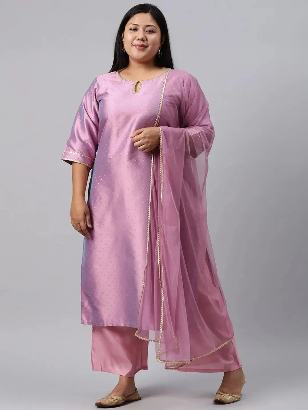 Plus Size Purple Woven Design Art Silk Straight Kurta With Palazzos & Dupatta