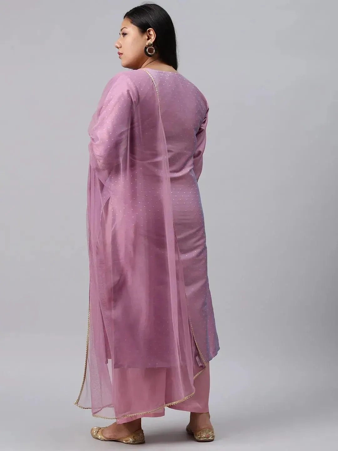 Plus Size Purple Woven Design Art Silk Straight Kurta With Palazzos & Dupatta