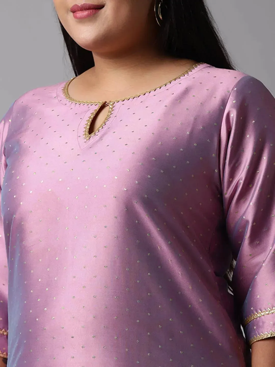 Plus Size Purple Woven Design Art Silk Straight Kurta With Palazzos & Dupatta