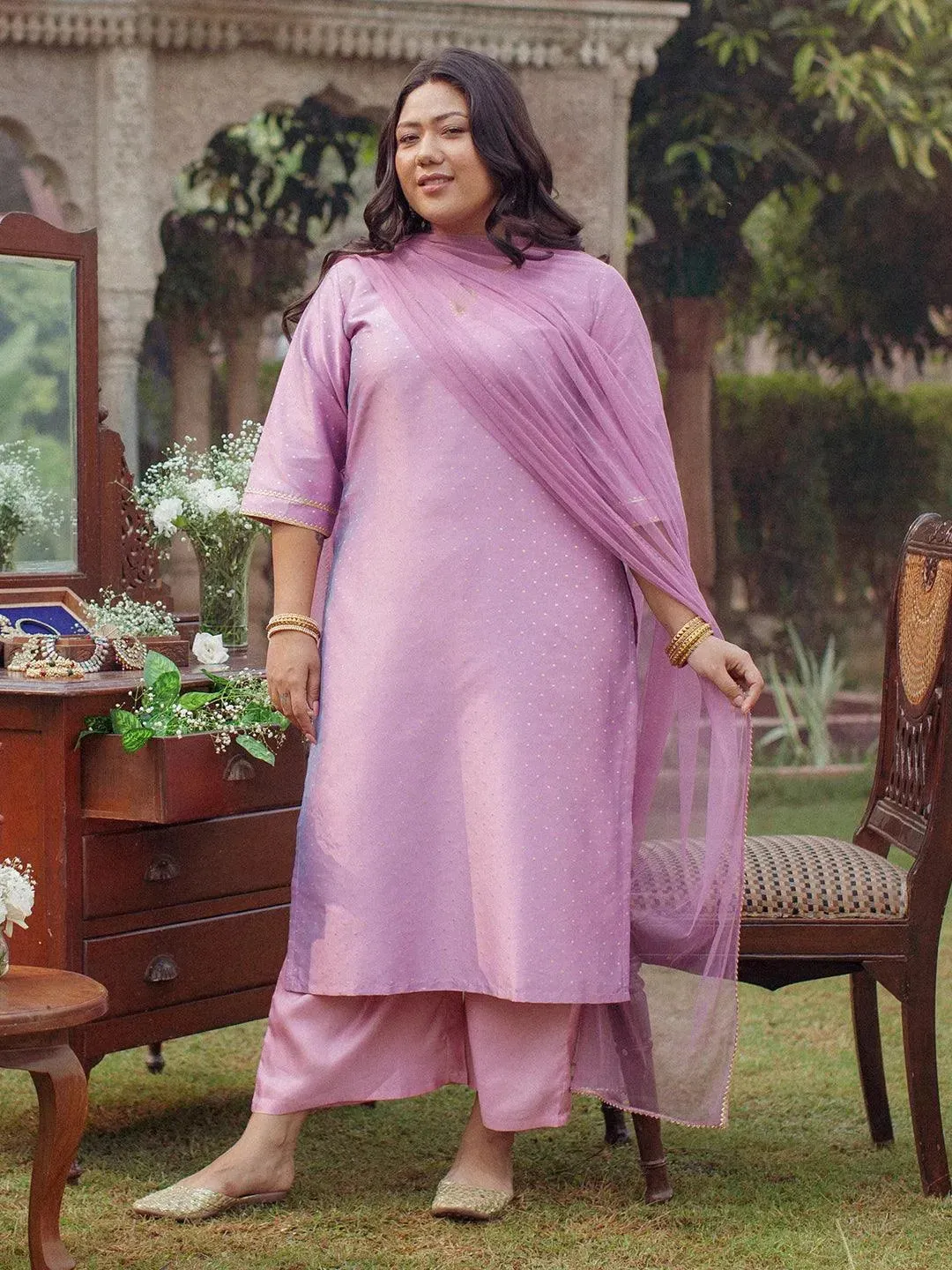 Plus Size Purple Woven Design Art Silk Straight Kurta With Palazzos & Dupatta