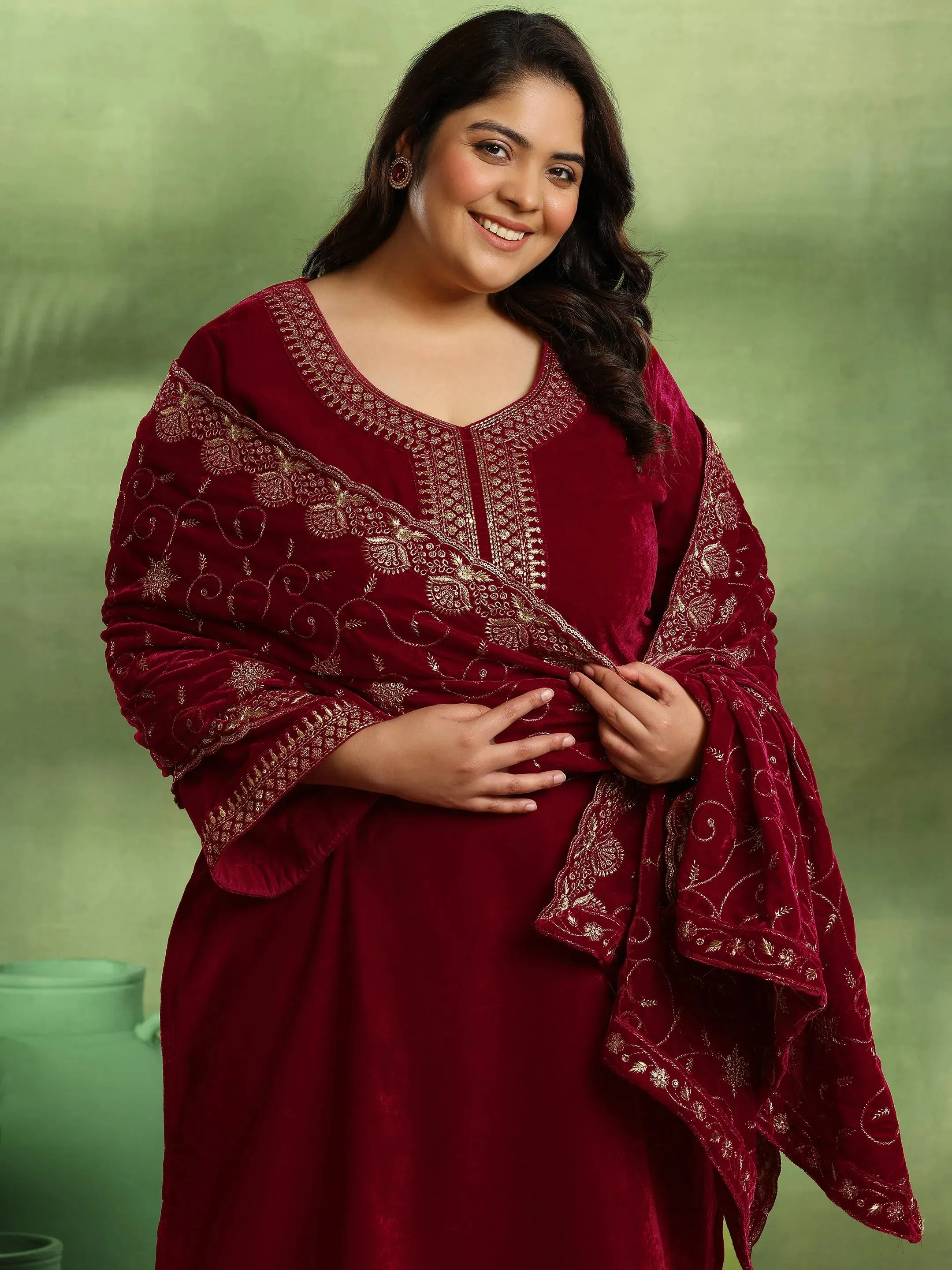 Plus Size Red Yoke Design Velvet Straight Suit With Dupatta