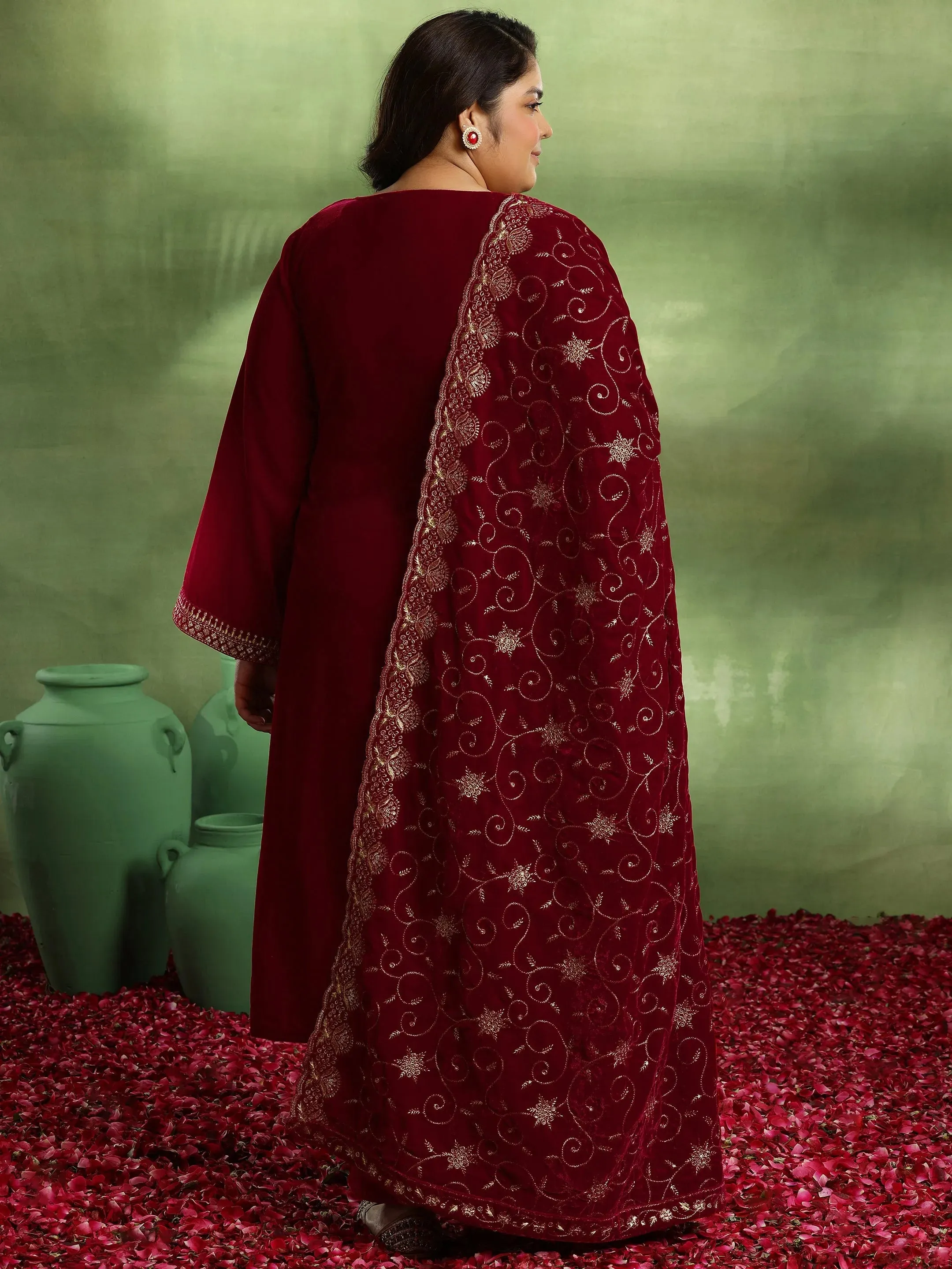 Plus Size Red Yoke Design Velvet Straight Suit With Dupatta