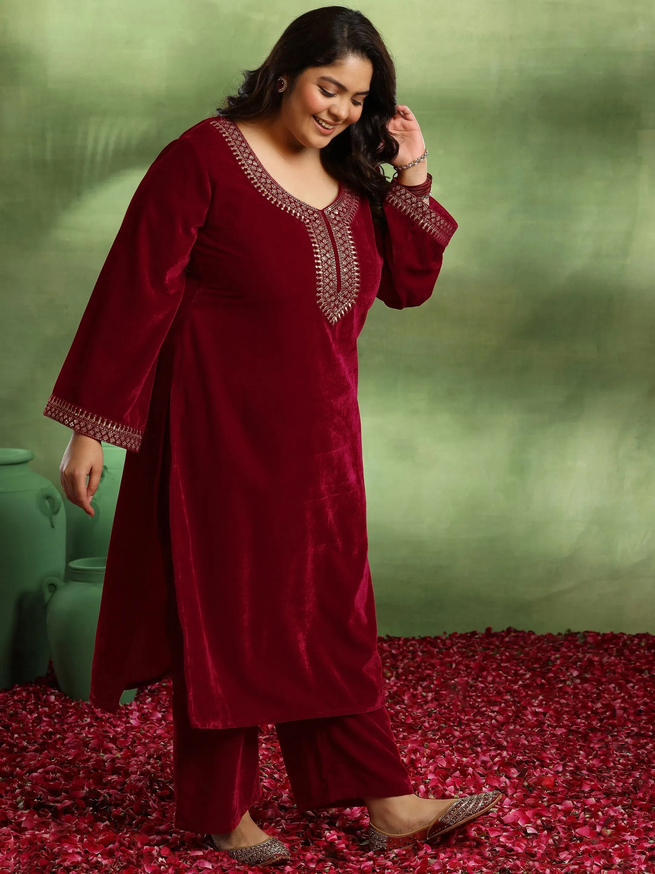 Plus Size Red Yoke Design Velvet Straight Suit With Dupatta