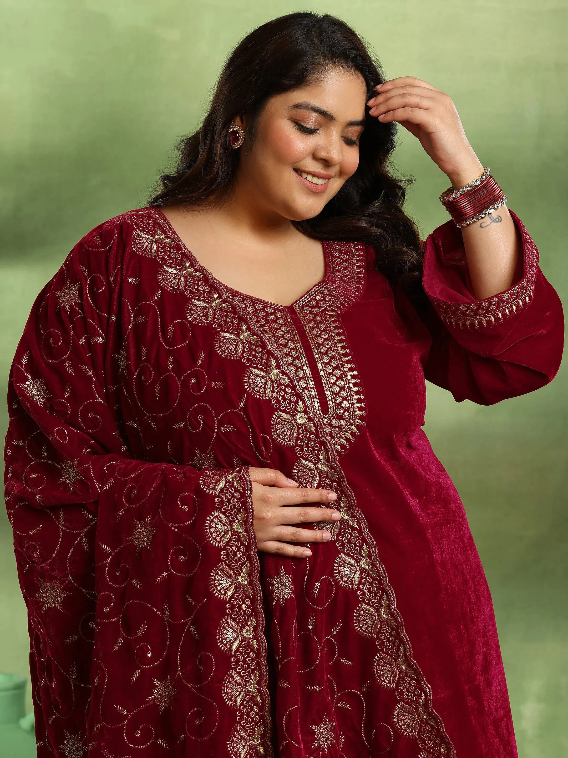 Plus Size Red Yoke Design Velvet Straight Suit With Dupatta