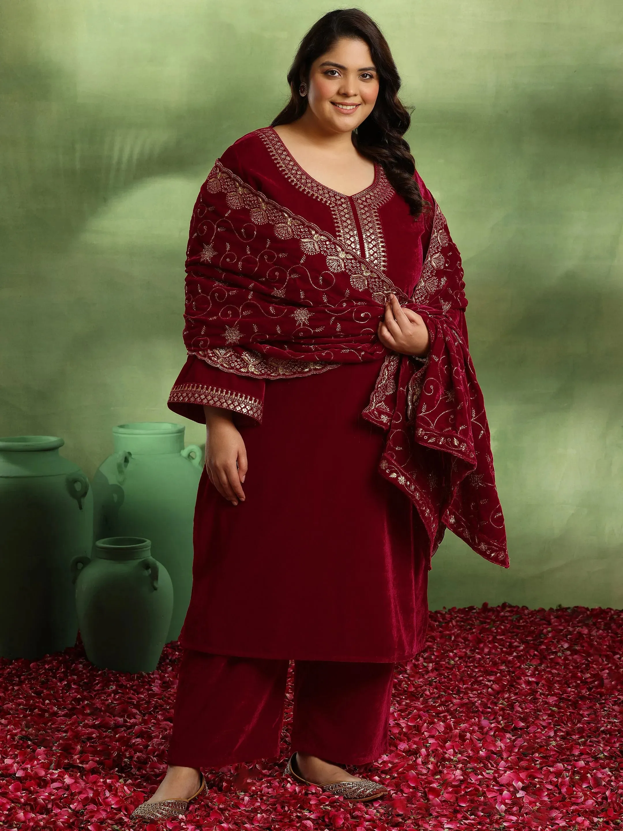 Plus Size Red Yoke Design Velvet Straight Suit With Dupatta