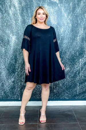 Plus Size Scoop Neck Easy Draped A-Line Dress with Lace Detail at Sleeve (D3029X)