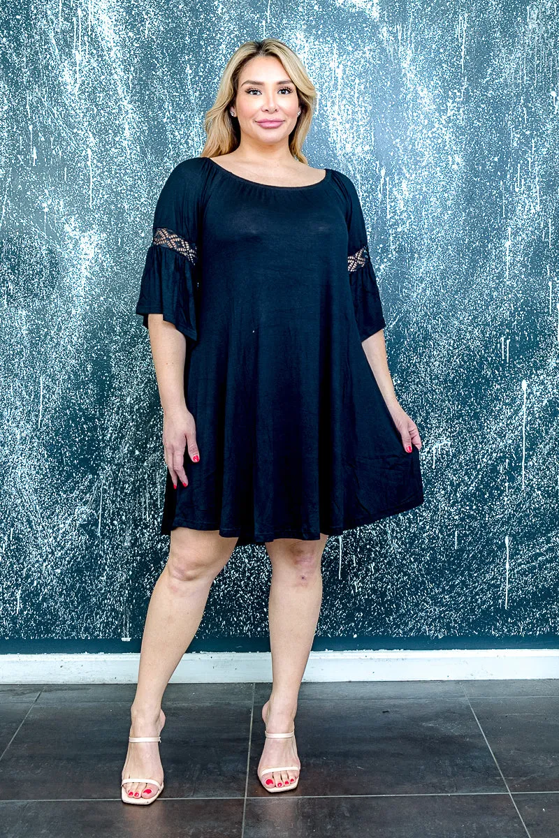 Plus Size Scoop Neck Easy Draped A-Line Dress with Lace Detail at Sleeve (D3029X)