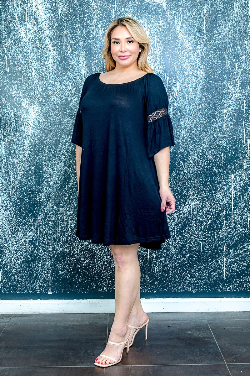 Plus Size Scoop Neck Easy Draped A-Line Dress with Lace Detail at Sleeve (D3029X)