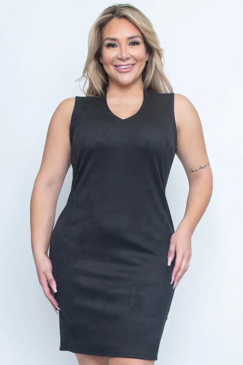 Plus Size Suede Sleeveless V Neck Midi Dress with Hidden Zip Back (Z9635)