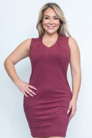 Plus Size Suede Sleeveless V Neck Midi Dress with Hidden Zip Back (Z9635)
