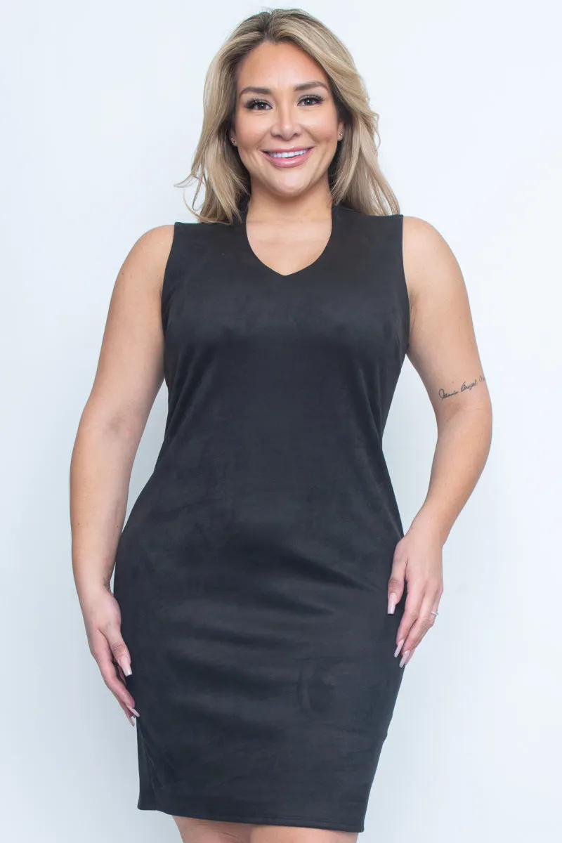 Plus Size Suede Sleeveless V Neck Midi Dress with Hidden Zip Back (Z9635)
