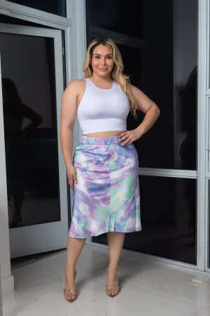 Plus Size Tie Dye Satin Pencil Midi Skirt With Elastic On Waist, Zipper on the Side and Full Lining (152339)