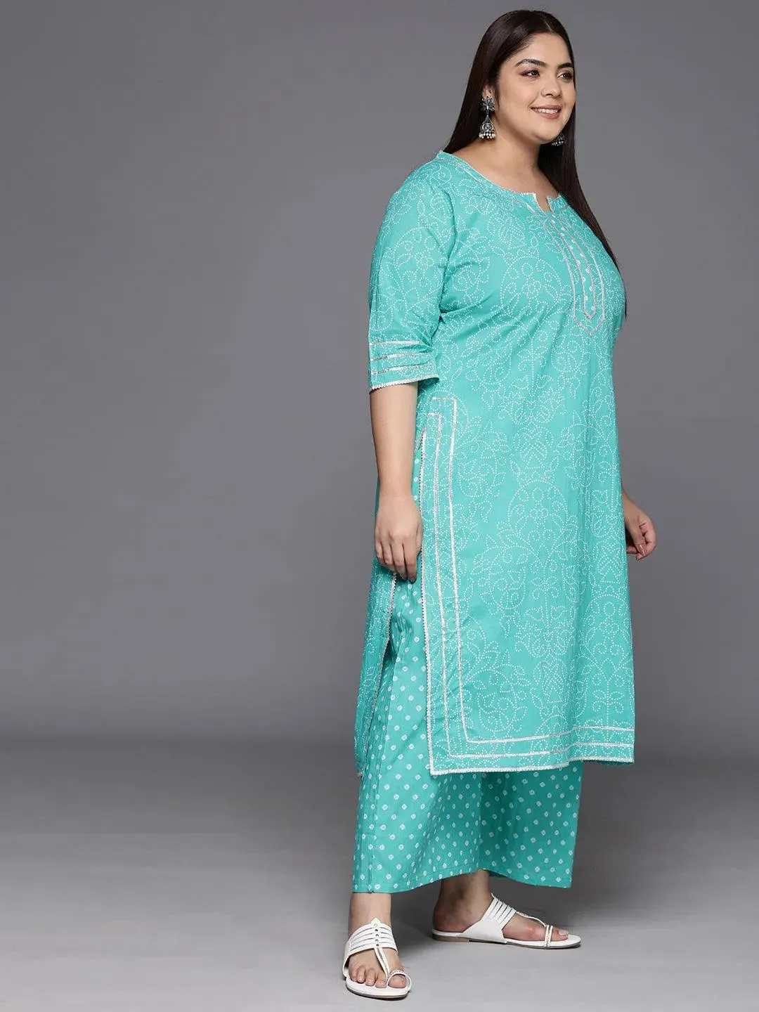 Plus Size Turquoise Blue Printed Cotton Straight Kurta With Palazzos & Dupatta
