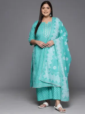 Plus Size Turquoise Blue Printed Cotton Straight Kurta With Palazzos & Dupatta
